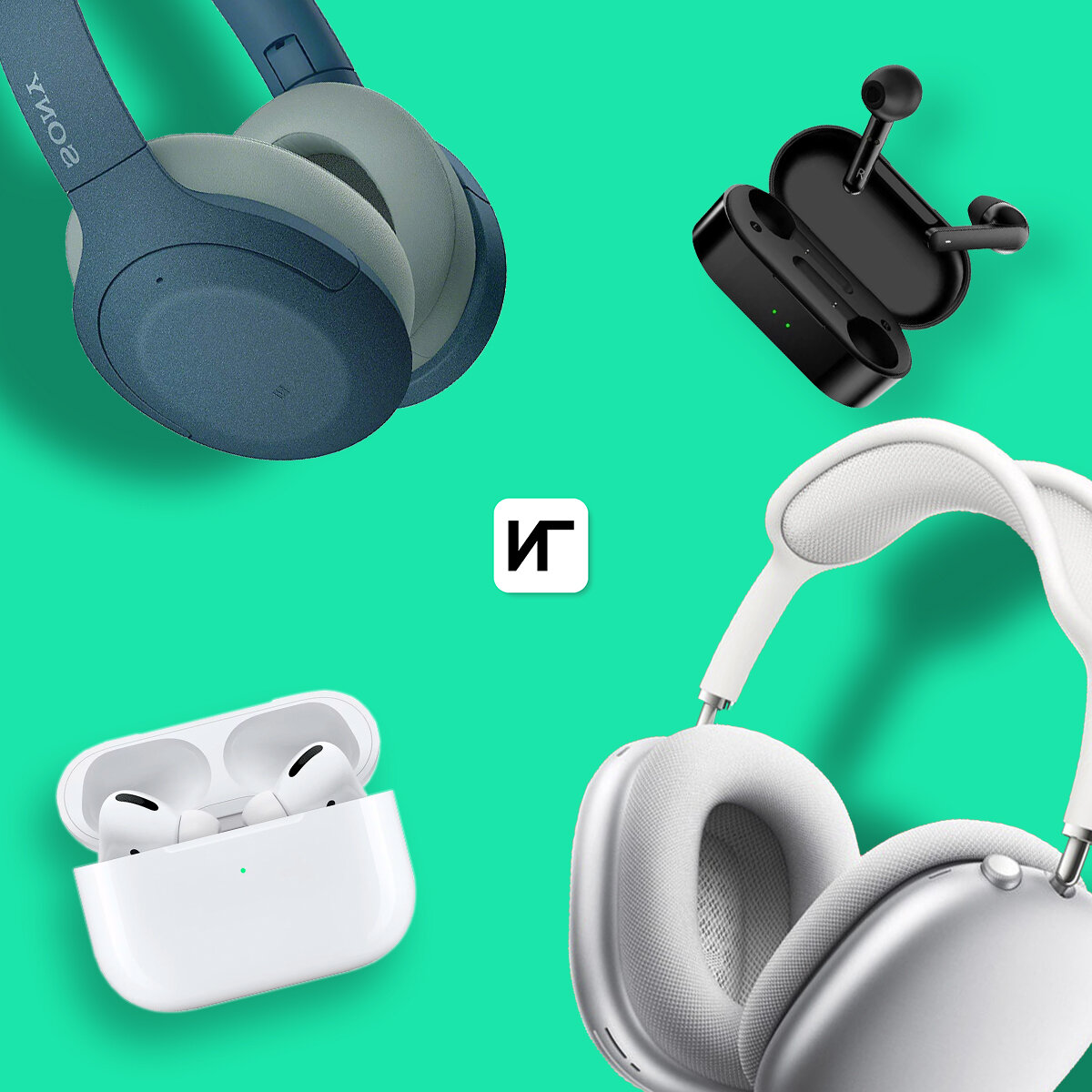 Обложечка к статье. Левый верхний угол Sony WH-1000XM4. Правый верхний Xiaomi QCY T3. Левый нижний угол Apple AirPods Pro. И правый нижний Apple AirPods Max.