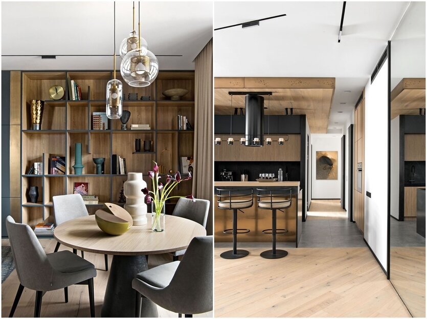 Зона столовой. Обеденный стол, PLY. Стулья, Loft Designe. Корпусная мебель, «компания Щукин». Декор, Moon Stores, «ТРИО интерьер».Живопись — «Тень», Евгений Зарембо, Smart Gallery. Керамогранит под бетон, Italon. Напольное покрытие из дуба, Finex..