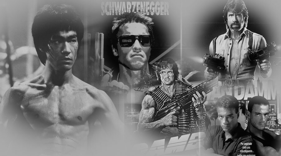 На фото слева направо: Брюс Ли, Арнольд Шварценеггер, Сильвестер Сталлоне, Чак Норрис, Жан Клод Ван Дамм.