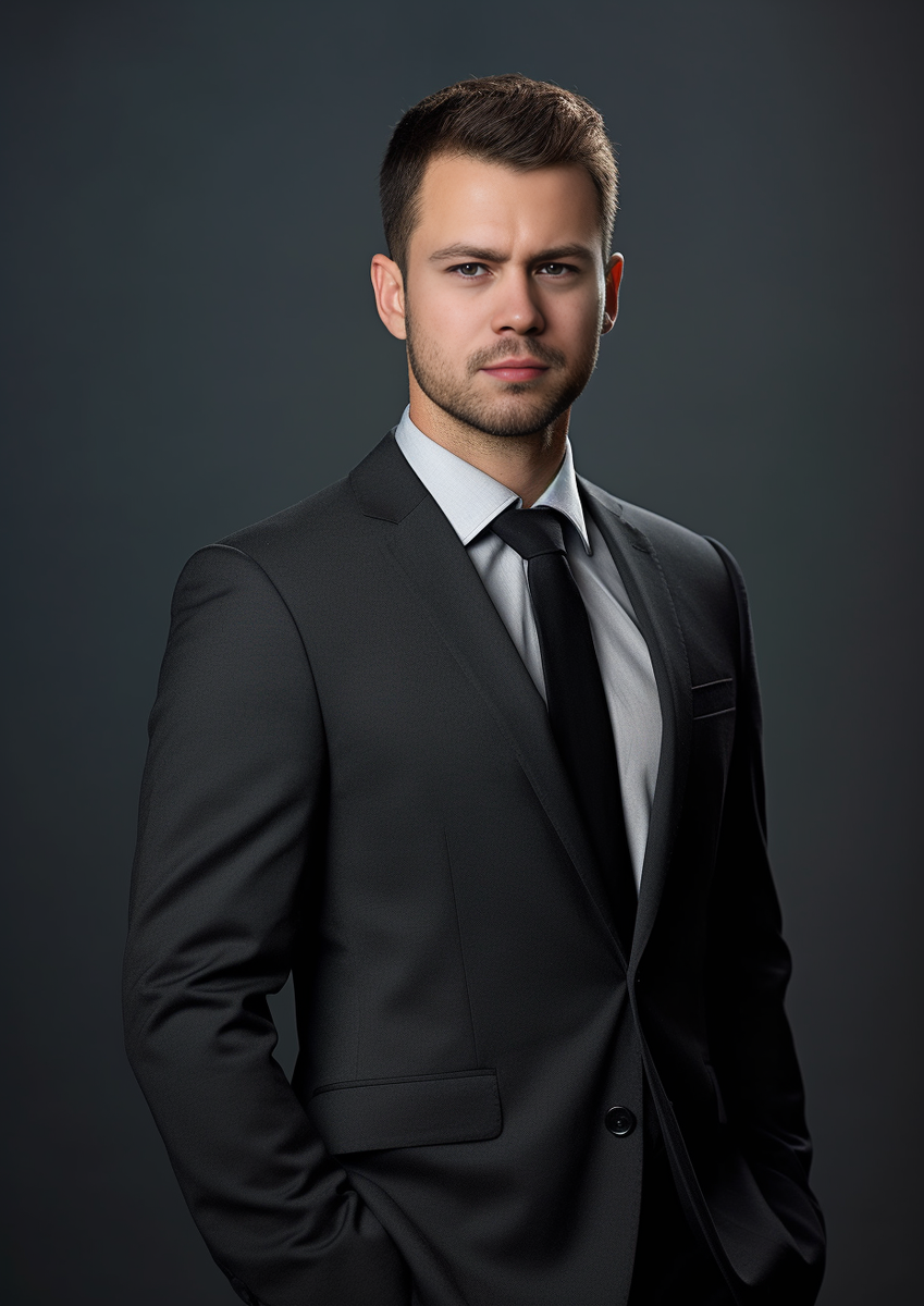 Мужской деловой образ из каталога. Студийная фотосессия на нейтральном фоне. Оригинальное изображение, сгенерированное ИИ, с последующей заменой лица. 