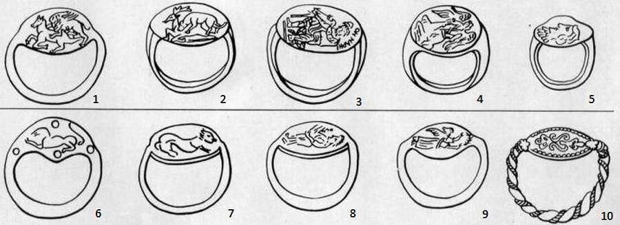 1 - конь и грифон, золото; 2 - олень и пантера, золото; 3 - воин-перс; 4 - лань, золото; 5 - голова богини, золото; 6 - лев, серебро; 7 - лев, золото; 8 — Даная(мать Персея); 9 - Ника(богиня победы), золото; 10 - восточный перстень, золото.