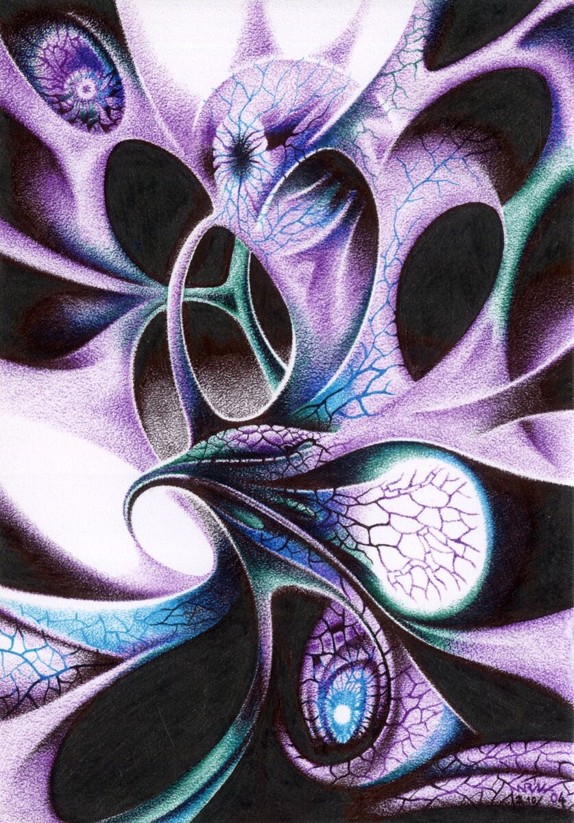 Центр биовселенной. Бумага «яичная скорлупа», шариковые ручки, чёрная гелевая ручка. Размер 10х15 см. 2004 г.