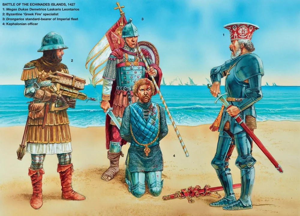 Слева (номер 2) византийский огнемётчик