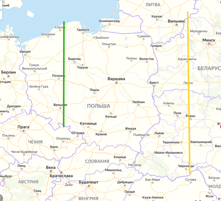 Первые две спички Черчилля - довоенные границы Польши. Создано на основе Яндекс-Карт