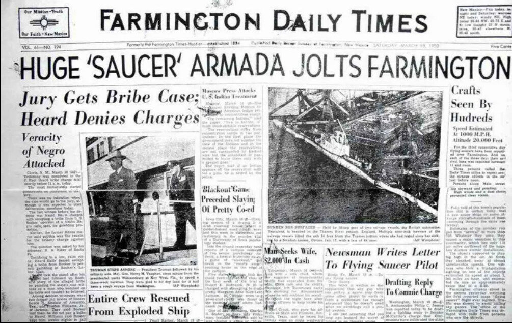 Страница газеты с сообщением о наблюдении НЛО за 1950 год. Фото: Farmington Daily Times 