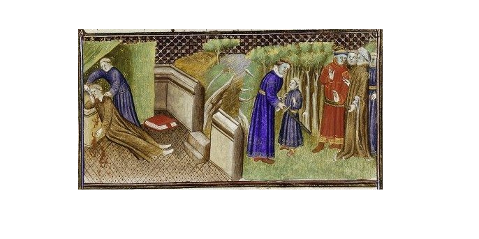 Роберт совершает одно из своих преступлений (слева) и становится рыцарем (справа), иллюстрация 15-го века из Нормандской хроники.