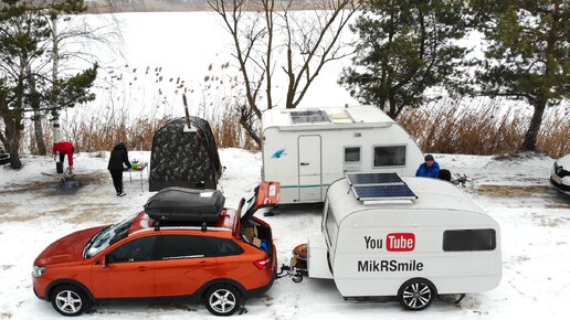 Первая встреча с караванерами. Ночевка зимой в летнем прицепе ...