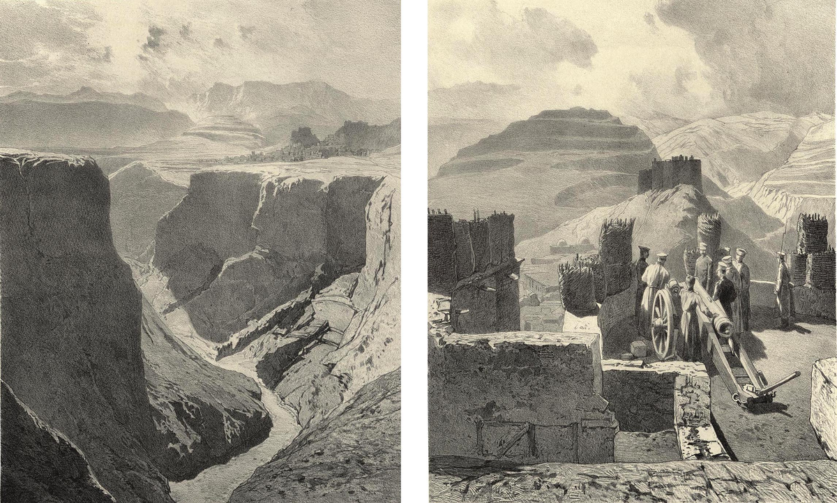 Южный Дагестан. Форт в Кази-Кумухе (два вида). Daghestan meridional. Fort de Kazy-Koumoukh (deux vues). Князь Г.Г. Гагарин, альбом "Живописный Кавказ". Ресурс: https://v-inhelo.livejournal.com/35471.html?noscroll
