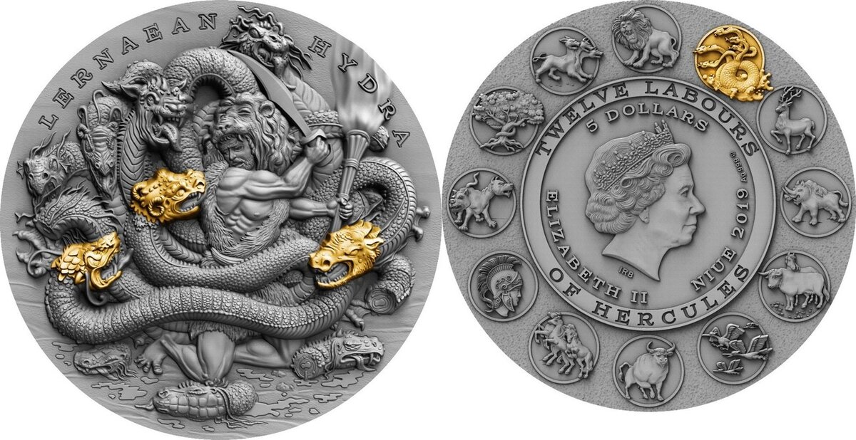 Монета - "12 Labours of Hercules - Lernaean Hydra". Стоимость монеты на сегодняшний день - 22 853,49 рублей. Фото из открытых источников.