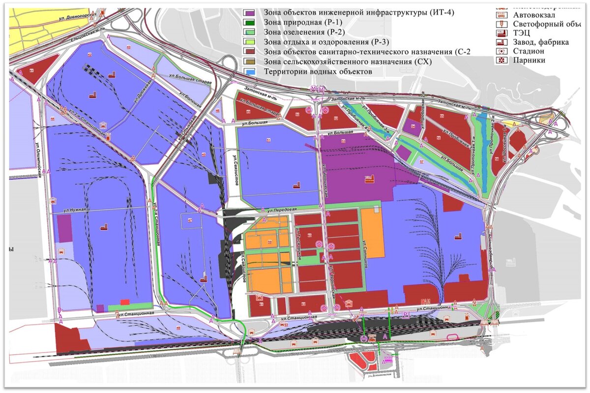 Проект планировки территории, в том числе территории Сибсельмаша. Часть завода меняет "цвет" функционального назначения.