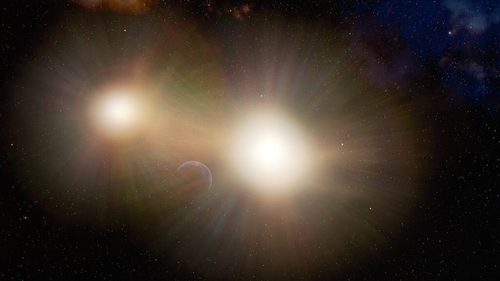    This illustration depicts a planet partially hidden in the glare of its host star and a nearby companion star. After examining a number of binary stars, astronomers have concluded that Earth-sized planets in many two-star systems might be going unnoticed by transit searches, which look for changes in the light from a star when a planet passes in front of it. The light from the second star makes it more difficult to detect the changes in the host star’s light when the planet passes in front of it. Александр Шереметьев