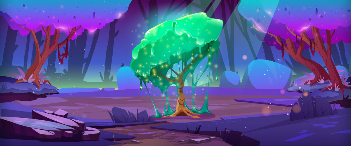 https://www.freepik.com/free-vector/fantasy-landscape-magic-forest-alien-tree-with-green-dripping-slime-vector-cartoon-fantastic-illustration-unusual-tree-with-sticky-foliage-glade-mystic-woods_26128194. / Image by upklyak</a> on Freepik