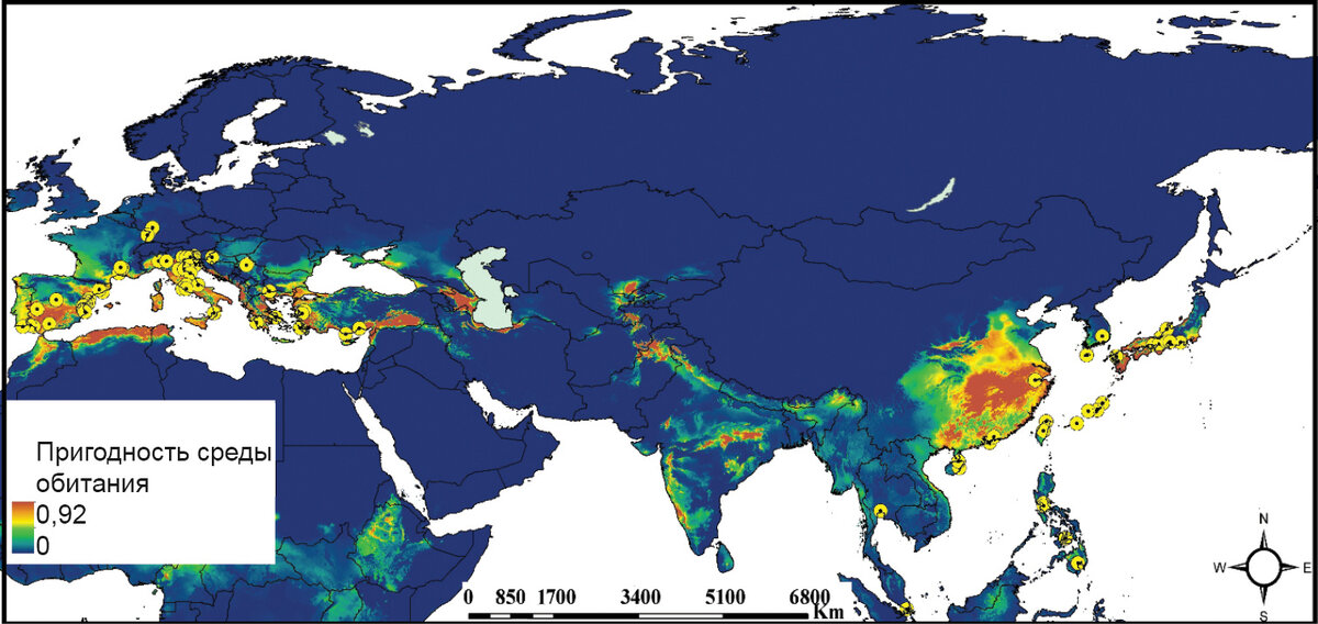Желтая точка — успешное размножение красноухой черепахи© Pensoft Publishers