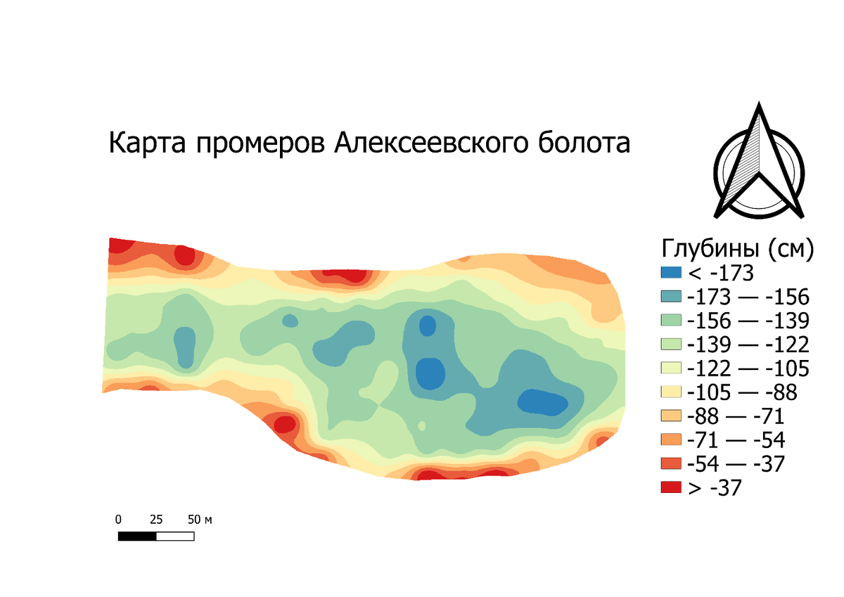 Рисунок 2. Карта промеров Алексеевского болота Рисунок 3. 3Dмодель дна Алексеевского болота