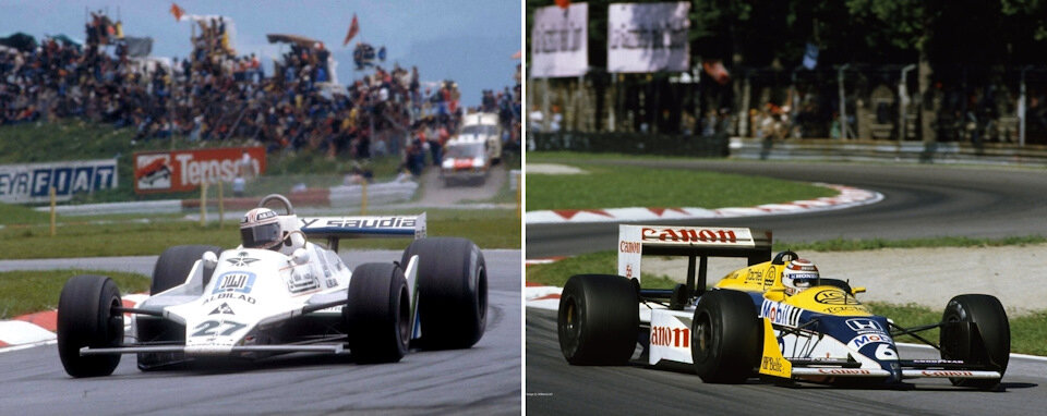 СЛЕВА: Гран При Австрии '79. Алан Джонс на Williams FW07 Ford, автомобиле, который вывел команду в лидеры Формулы-1. СПРАВА: Гран При Италии '87. Нельсон Пике на Williams FW11B, первом автомобиле команды с активной подвеской