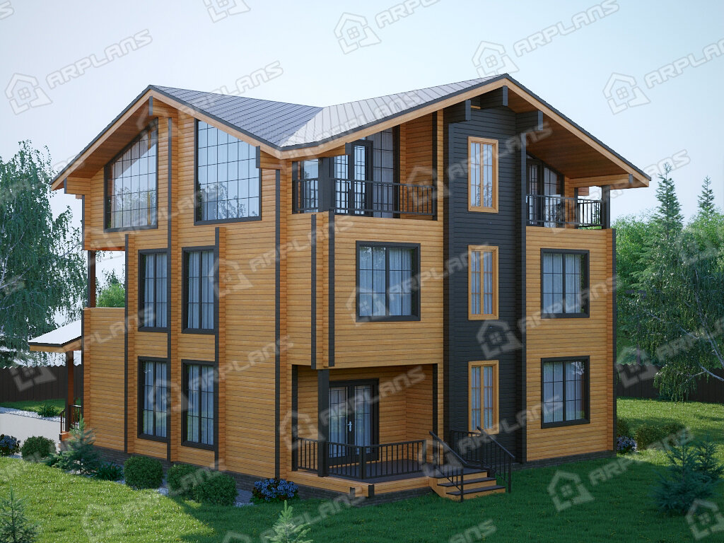 Фото 2 трёхэтажного дома из бруса с мансардой, 6 спальнями, балконом, вторым светом, газовой котельной и террасой. Общая площадь 305 кв м. Источник arplans.ru Проект ДС-068