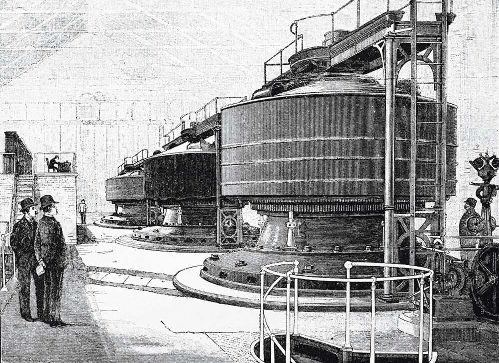 Так выглядели генераторы первой гидроэлектростанции на Ниагарском водопаде
