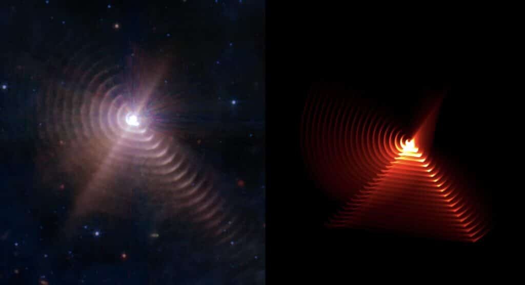    Слева — снимок WR 140, полученный телескопом James Webb. Справа — результаты моделирования системы / ©NASA, ESA, CSA, STScI, JPL-Caltech, University of Sydney