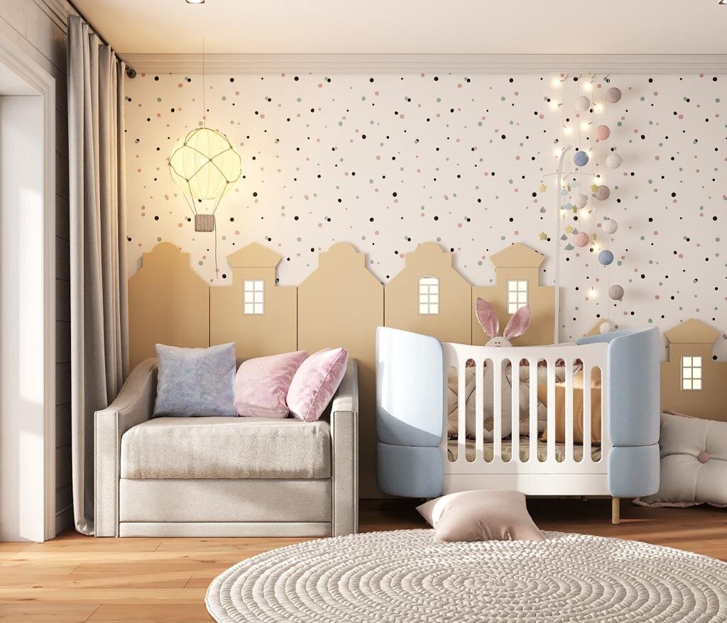 Та же детская с кроваткой около 60х120 см - подойдет до 2-3 лет. 