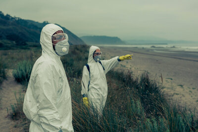    Люди в защитных костюмах после ядерного взрыва © Adobe Stock