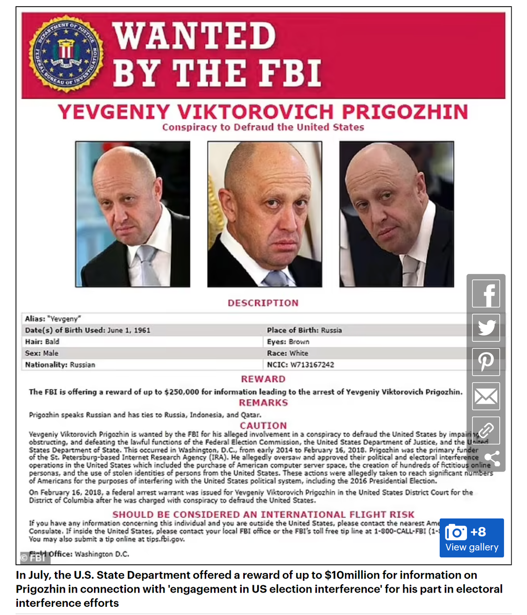 Пригожин сообщил свой адрес, но денег ему не дали - возможно, все дело в том, что он не обратился в местное отделение ФБР, как велено было 