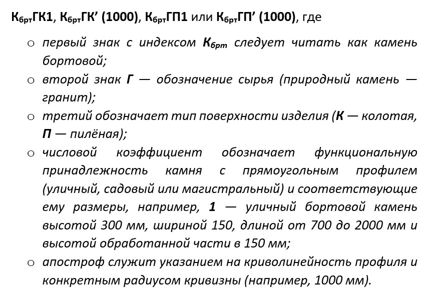 Бортовой камень. Аббревиатуры и обозначения Бортовой камень из изверженной и магматической горной породы, согласно действующему ГОСТу 32018-2012 «Изделия строительно-дорожные из природного камня.-2