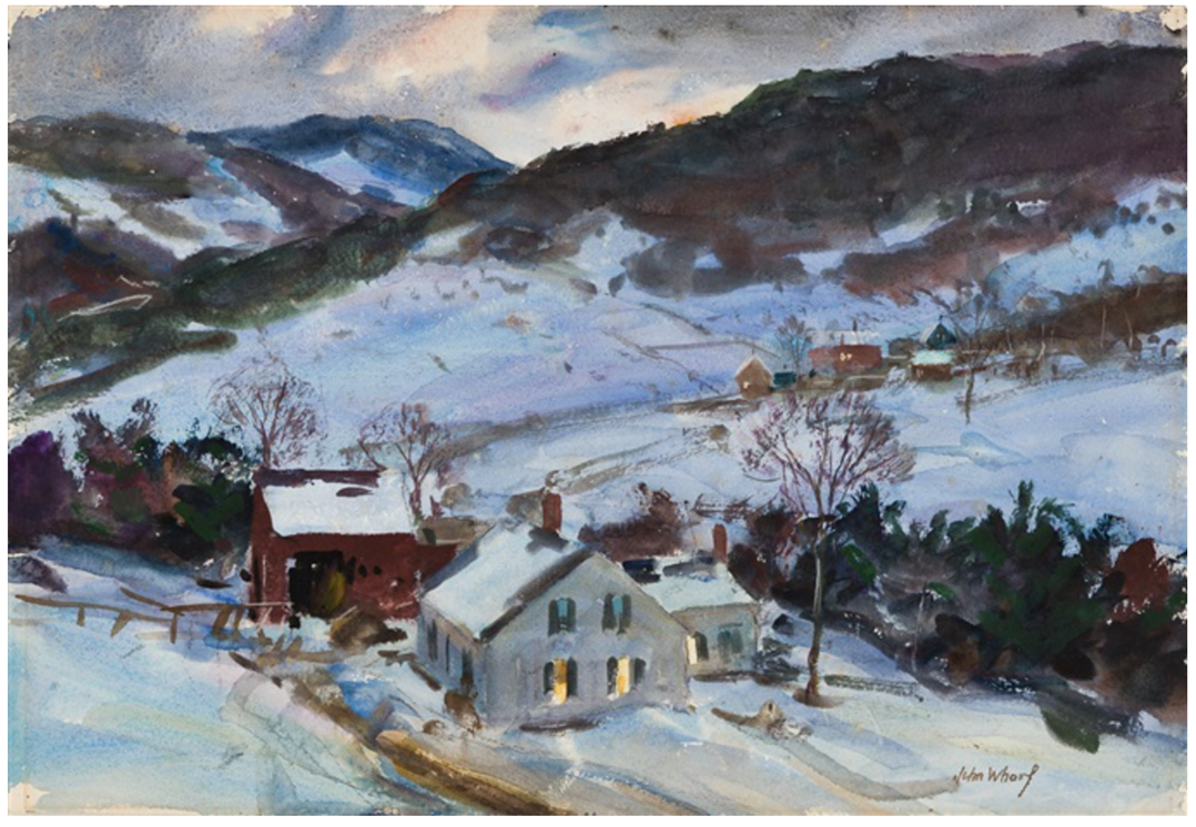 Джон Уорф. Сцена на ферме: Зимняя ночь. Акварель. Размер: 40 х 58,2 см. (15,7 х 22,9 дюйма)
http://www.artnet.com/artists/john-whorf/farm-scene-winter-night-hqamFmBeP9avc5stbyQFLA2
