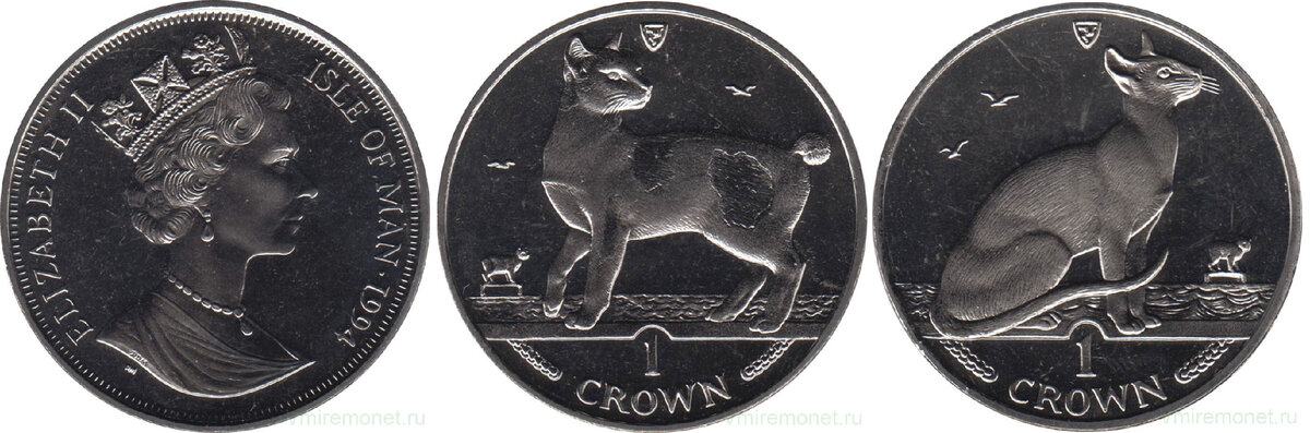 Японский Бобтейл. Остров Мэн, 1 крона 1994. Сиамская кошка. Остров Мэн, 1 крона 1992.Медно-никелевый сплав, 28.28 г, диаметр 38.6 мм, толщина 3.17 мм.