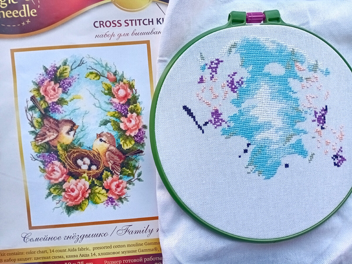 Семейное гнёздышко, Чудесная игла (в наборе канва 14 ct, я заменила на белорусскую равномерку 30 ct, цвет - белый)