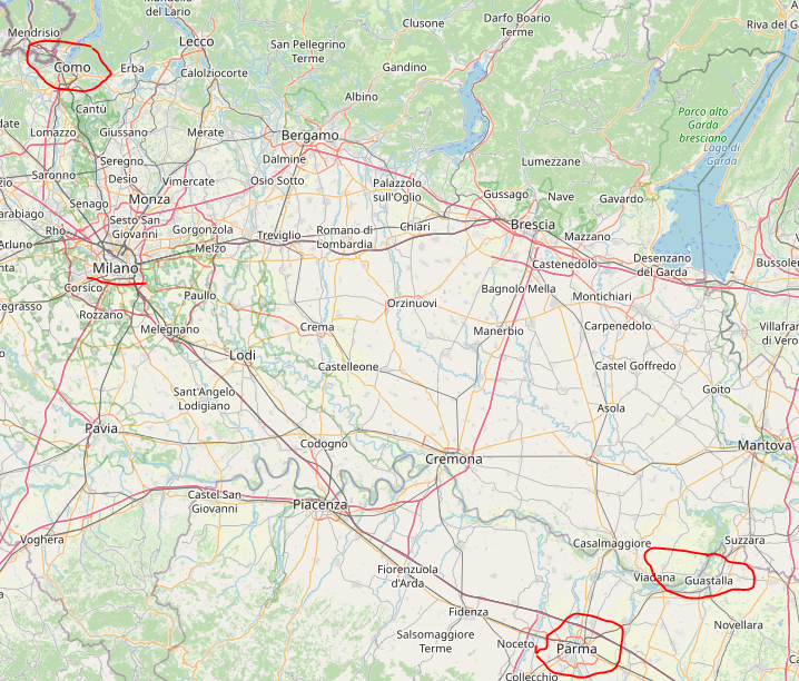 Парма, Гвасталла, Комо, Милан. Места жизни и деятельности Андреа Карло Феррари. © Участники OpenStreetMap (https://www.openstreetmap.org) Условия лицензирования: https://www.openstreetmap.org/copyright. Выделены отдельные населенные пункты.
