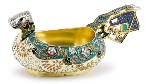 Ковш Фаберже, изготовленный в мастерской Федора Рюкерта, позолоченный серебряный с перегородчатой эмалью, Москва, 1899-1908 гг.