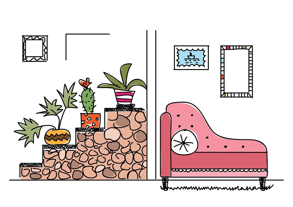 Эскиз проекта. Иллюстрация https://pixabay.com/illustrations/interior-room-plants-ladder-sofa-2700712/