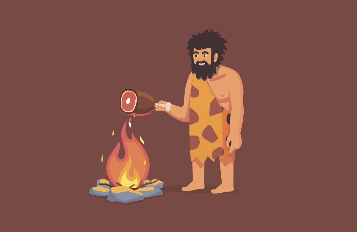 Огонь в древности. Древний человек. Первобытные люди. Первобытный человек готовит пищу на огне. Еда первобытных людей.