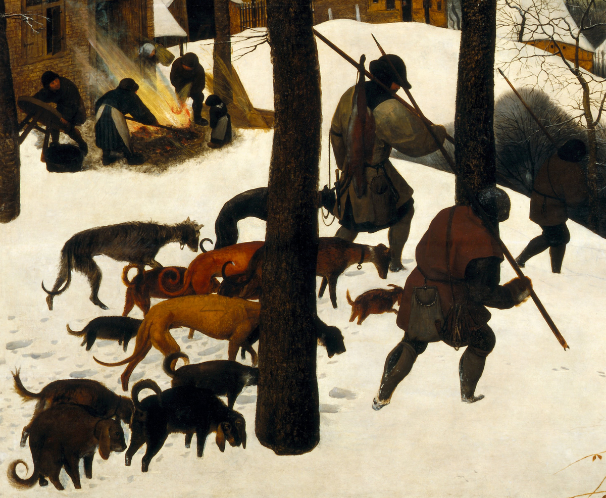 Уставшие охотники, стая подмерзших собак и семья на заднем фоне