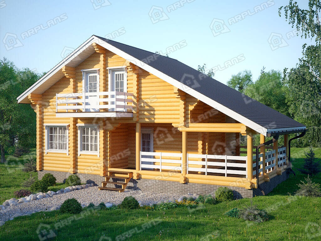 Фото 1 деревянного двухэтажного дома из бревна с мансардой, 2 спальнями, балконом и террасой. Полезная площадь до 102 кв м. Источник arplans.ru Проект ДО-152