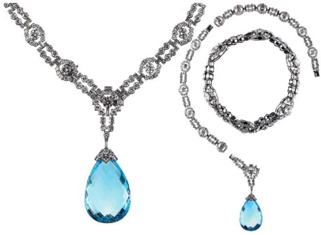 Картье. Платиновое колье с бриллиантами и аквамарином.