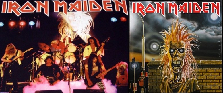 Группа Iron Maiden в 1980 году, как раз во время выхода своего дебютного альбома, лицевая сторона которого помещена на этом коллаже справа