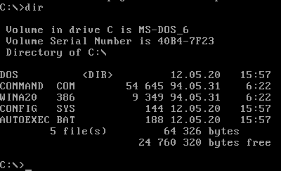 Скриншот операционной системы MS-DOS, которой пользовались в конце 1980-х. Здесь текст выглядит винтажно и грубо, потому что такими были технологии вывода текста



