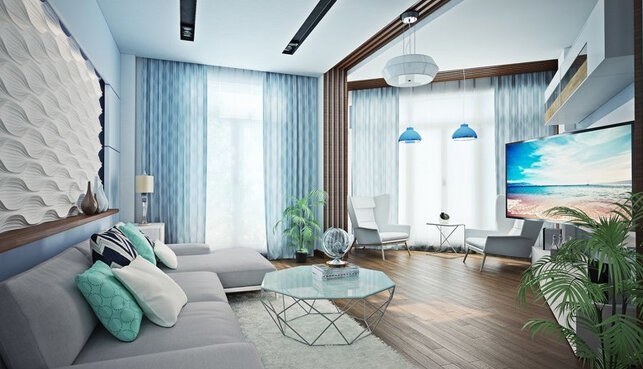 Не пренебрегайте полосками, например, это могут быть полосатые обои или композиции из парящих линий на натяжном потолке.