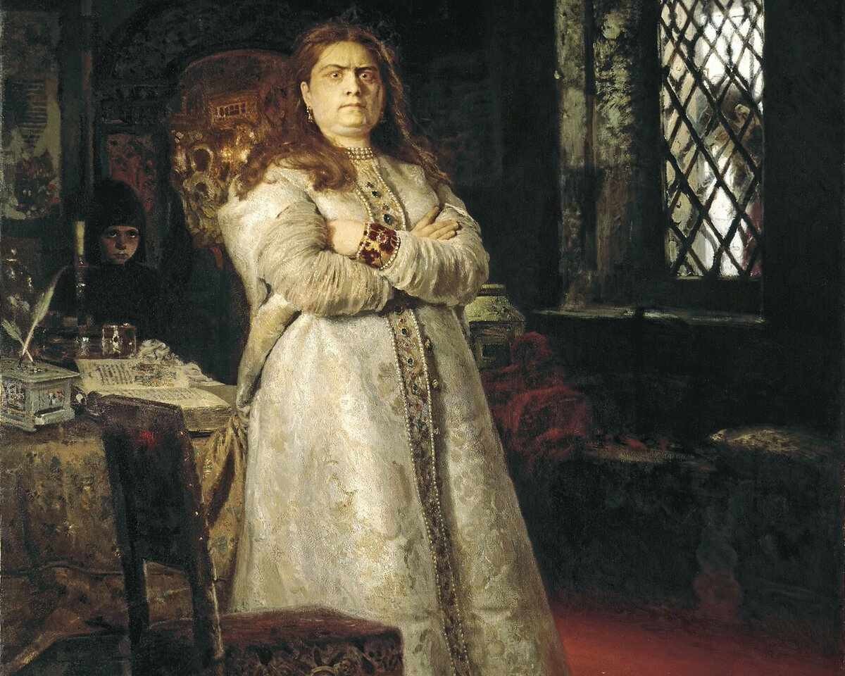 Худ. И. А. Репин «Царевна Софья через год после ее заключения в Новодевичьем монастыре, во время казни стрельцов и пытки всей ее прислуги в 1698 году». 1879 г. 