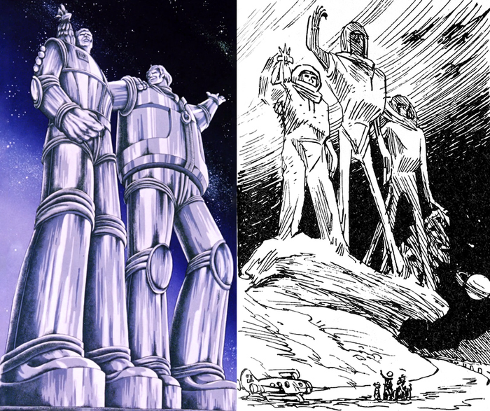 Это памятник Капитанам. Слева - из мультика "Тайна третьей планеты", справа - из книги "Девочка с Земли"