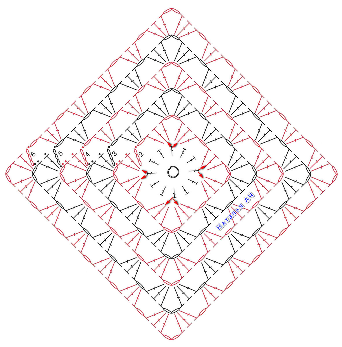 Бабушкин квадрат с цветком внутри крючком схемы