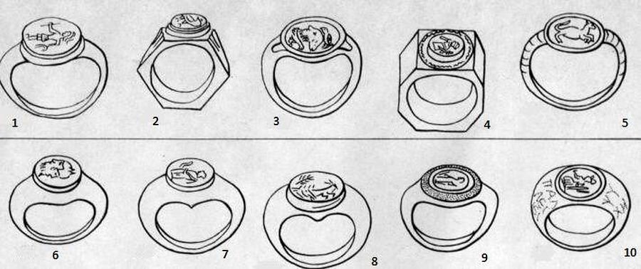 1 - Марс(бог войны), серебро; 2 - орел, сердолик, серебро; 3 - воин, яшма, серебро; 4  - Фортуна, яшма, золото; 5 - лев, гранат, золото; 6 - воин, яшма, серебро; 7 - Асклепий(бог медицины), сердолик, серебро; 8 - коза, сердолик, серебро; 9 - Фортуна, сердолик, золото; 10 - Фортуна, сердолик, золото.  Кольца, найденные на территории Херсонеса и Пантикапея.