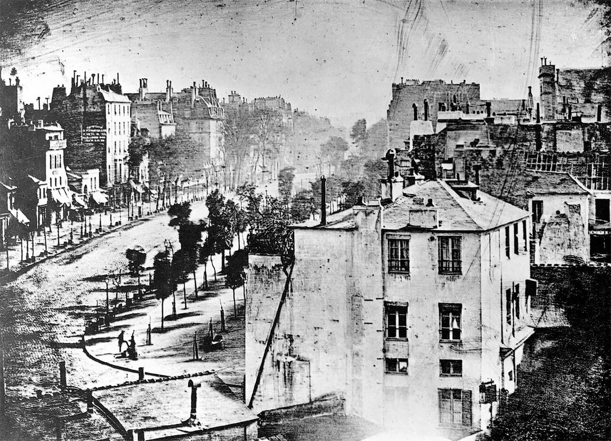 Вид на бульвар Темпл в Париже, дагерротип Луи-Жака-Манде Дагера, ок. 1838 г.