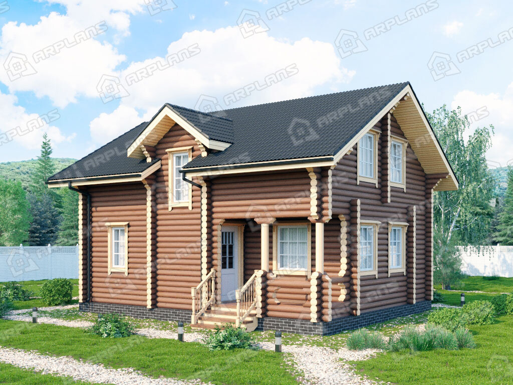 Фото 1 деревянного дома из бревна с мансардой, 4 спальнями и топочной. Площадь  110 кв м. Источник arplans.ru Проект ДО-138