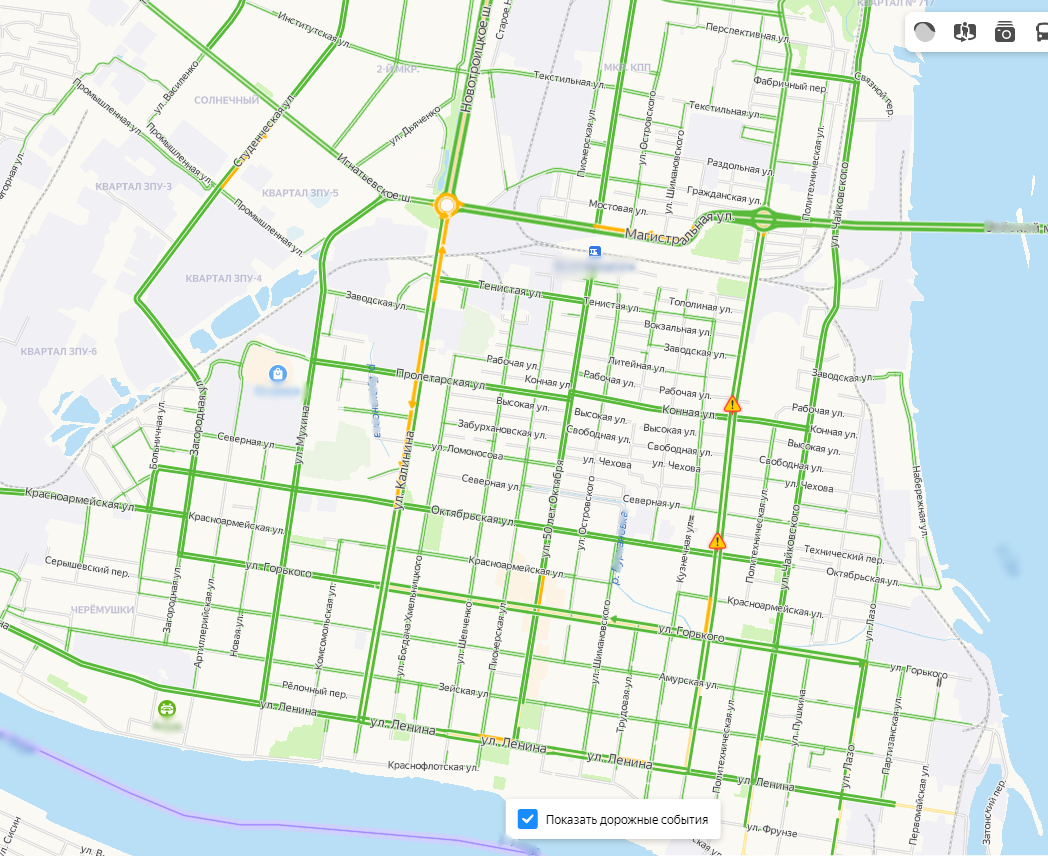 Скрин с Яндекс-карт-пробки. Прямоугольная улично-дорожная сеть - мечта автомобилиста. Вечерний час-пик. Пробки - 0 баллов.