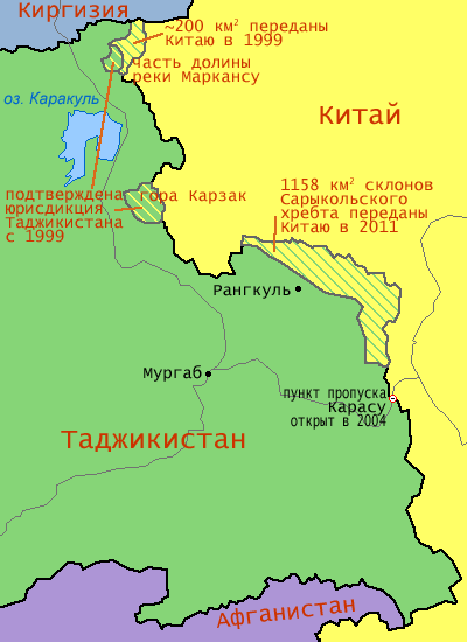 Желтым цветом с зеленой штриховкой показаны территории, отошедшие от Таджикистана Китаю, источник stanradar.com