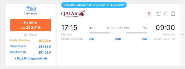 Стоимость перелета в Шри-Ланку (скрин с сайта авиасейлс)