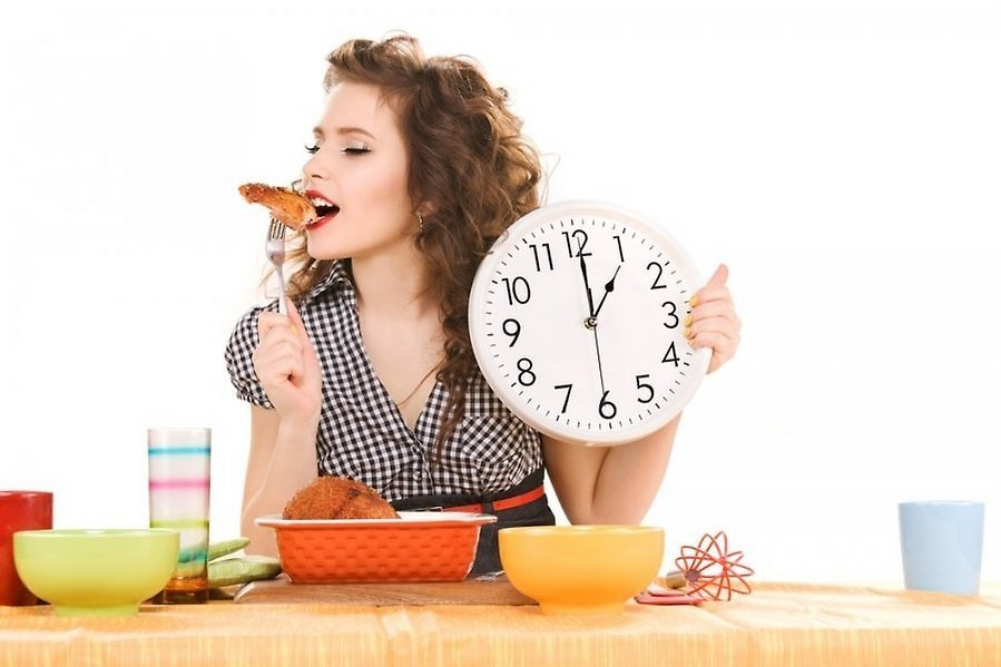 Прием пищи каждые 3 часа. Девушка на диете. Медленный прием пищи. Девушка завтракает. Часы для похудения.