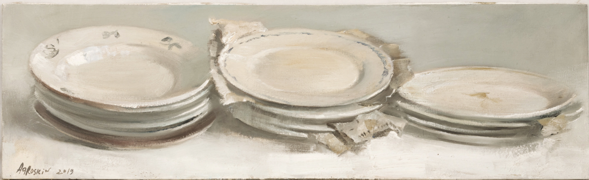 АГРОСКИН Семён Евгеньевич (1961) Тарелки. Из серии «Распаковка». 2019 Холст, масло. 29,7 × 99,5
Источник: собрание семьи художника
